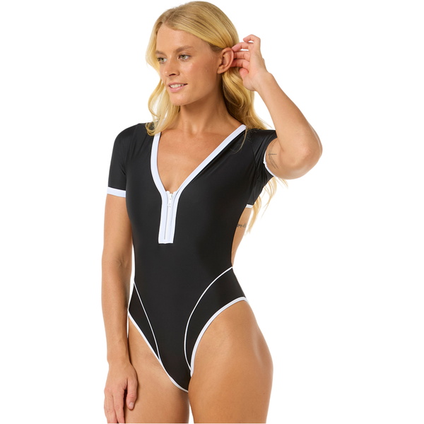 2025 Rip Curl Womens Bomba Short Sleeve Cheeky Surf Suit 0NOWSW - Black